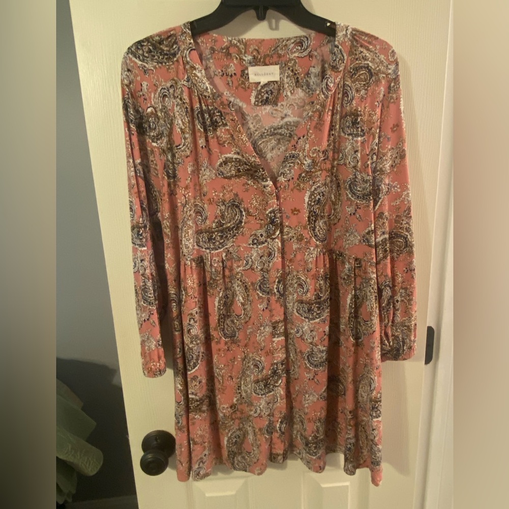 Ladies Melloday size L smock top, mauve, cream and brown tones